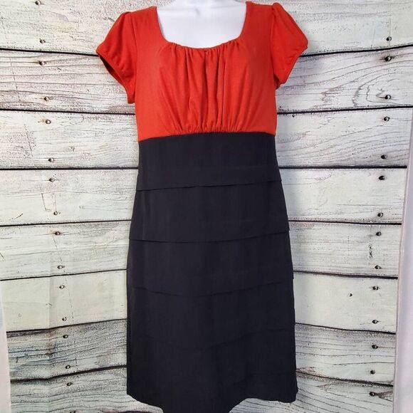 Maurices Red Black Colorblock Sheath Dress 7/8 Cap Sleeve Back Zip Business Casu - Picture 4 of 6